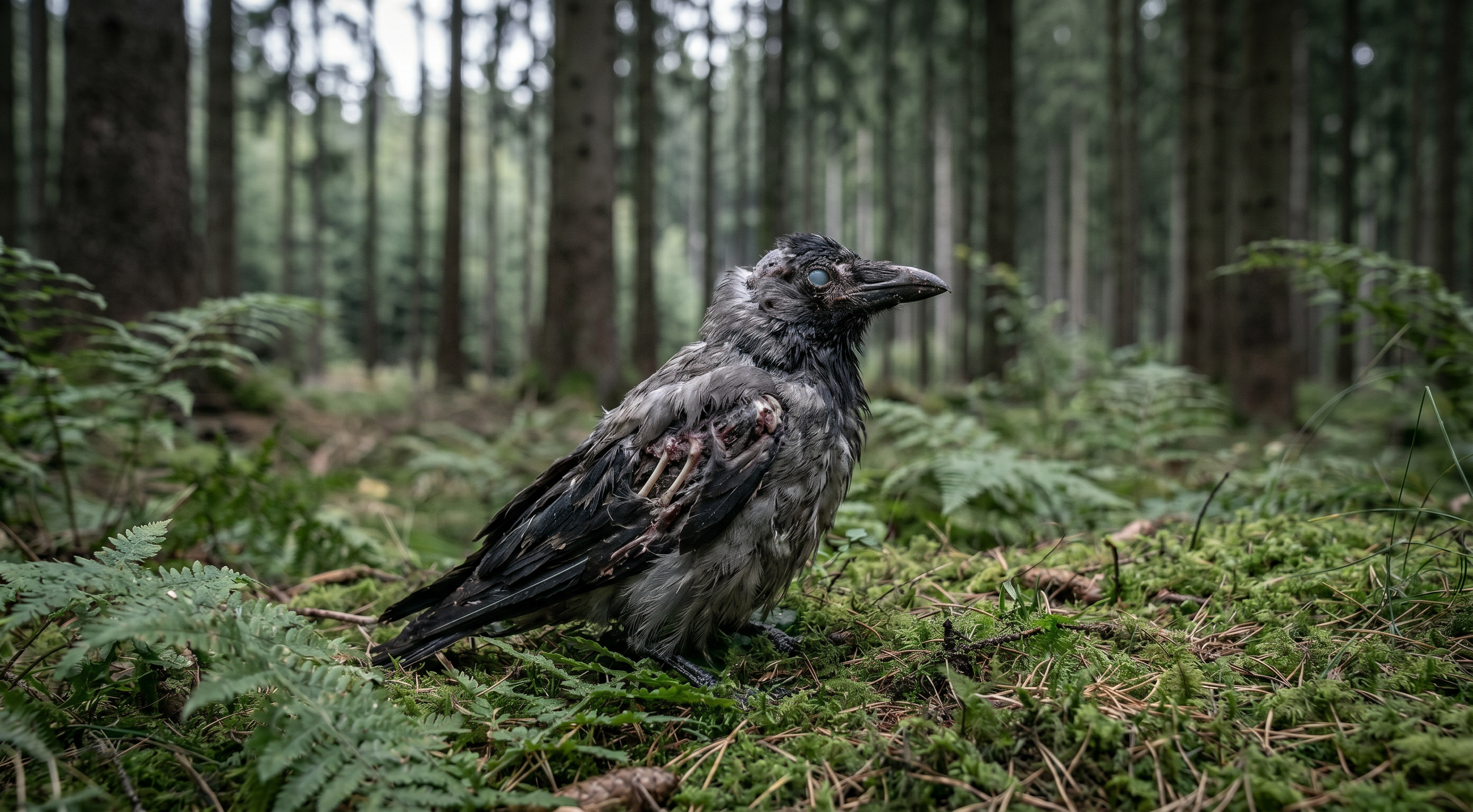 Ein toter Rauchvogel liegt auf dem moosbedeckten Waldboden, umgeben von Farnen im Hintergrund, in einem dichten Wald.