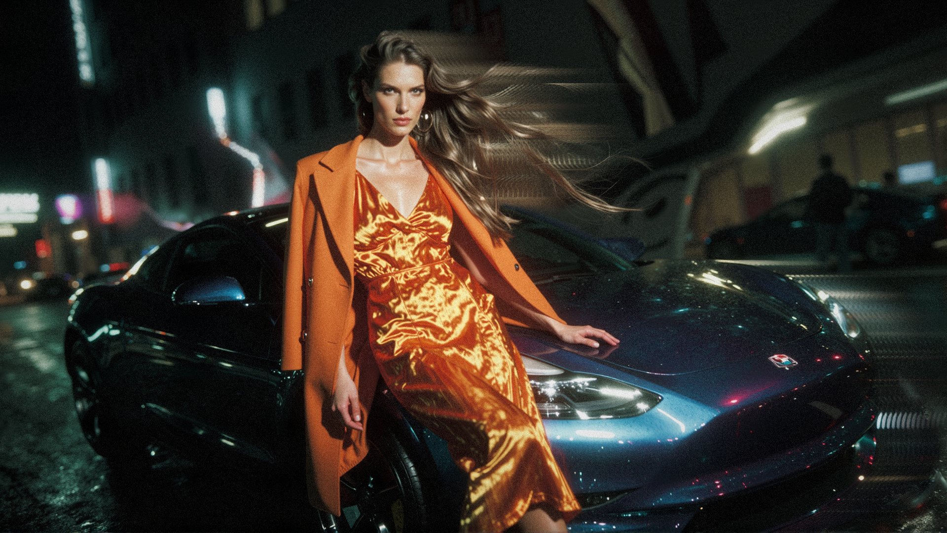 Eine Frau in einem orangenen Mantel und goldfarbenem Kleid sitzt auf einem schwarzen Sportwagen in einer nächtlichen Stadt, mit Neonlichtern im Hintergrund.
