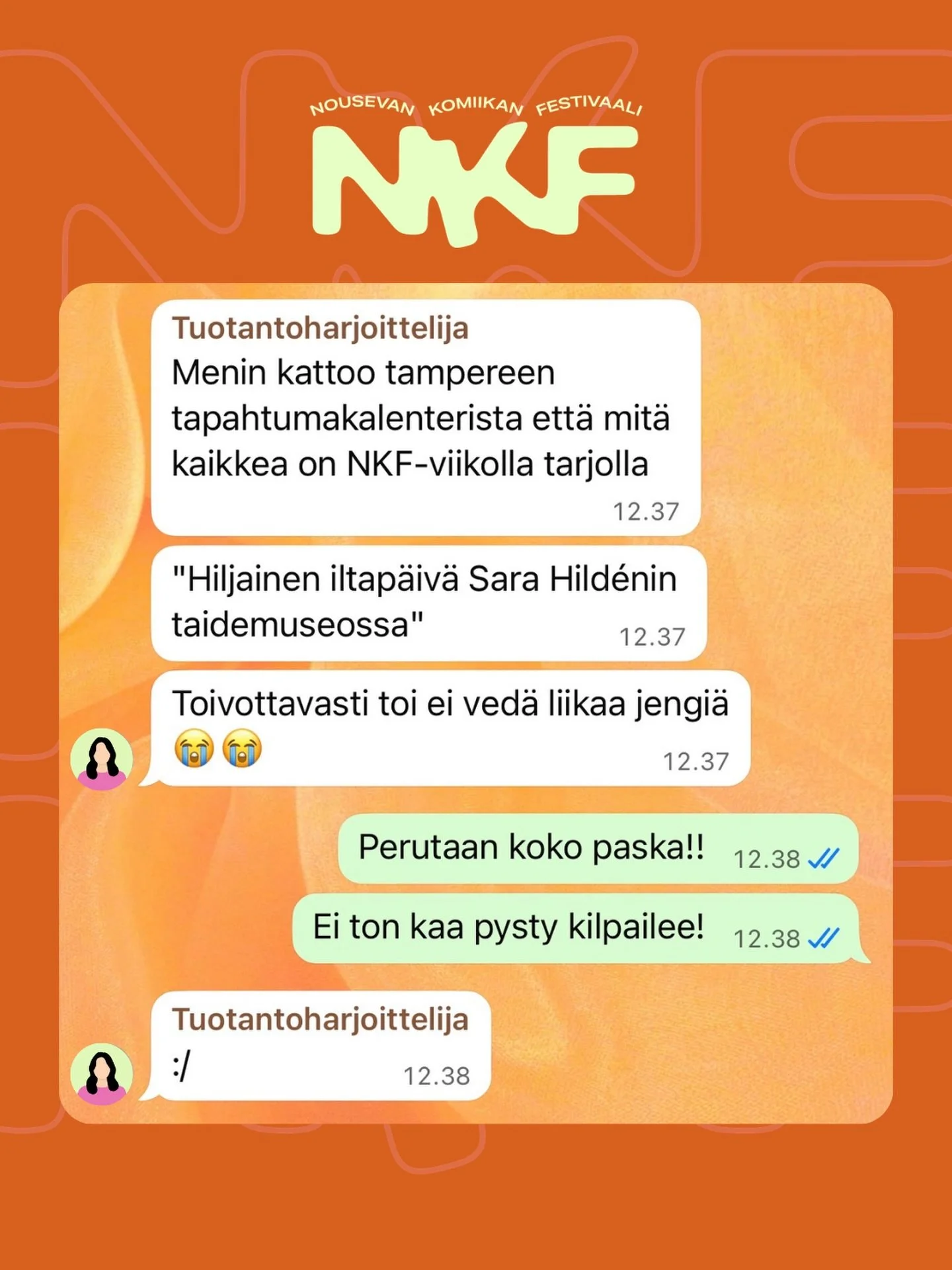 NKF p&auml;&auml;tt&auml;&auml; kes&auml;n elokuun viimeisell&auml; viikolla, mutta mei&auml;n harkkari huomasi, ett&auml; meill&auml; on kova kilpailija. 😮&zwj;💨

Jos hiljaisuus ei nappaa, tuu nauramaan t&auml;ysi&auml;! 🧡

#nkf2026