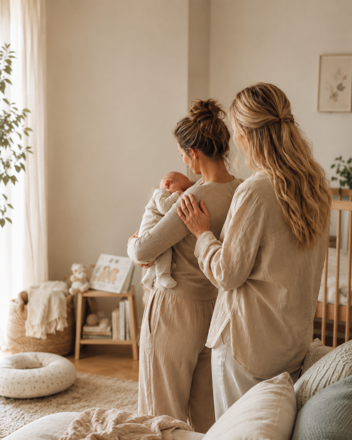 To kvinder står i en stue, hvor den ene holder en sovende baby, mens den anden berører hendes skulder, i en blid og intimitet ægte øjeblik.