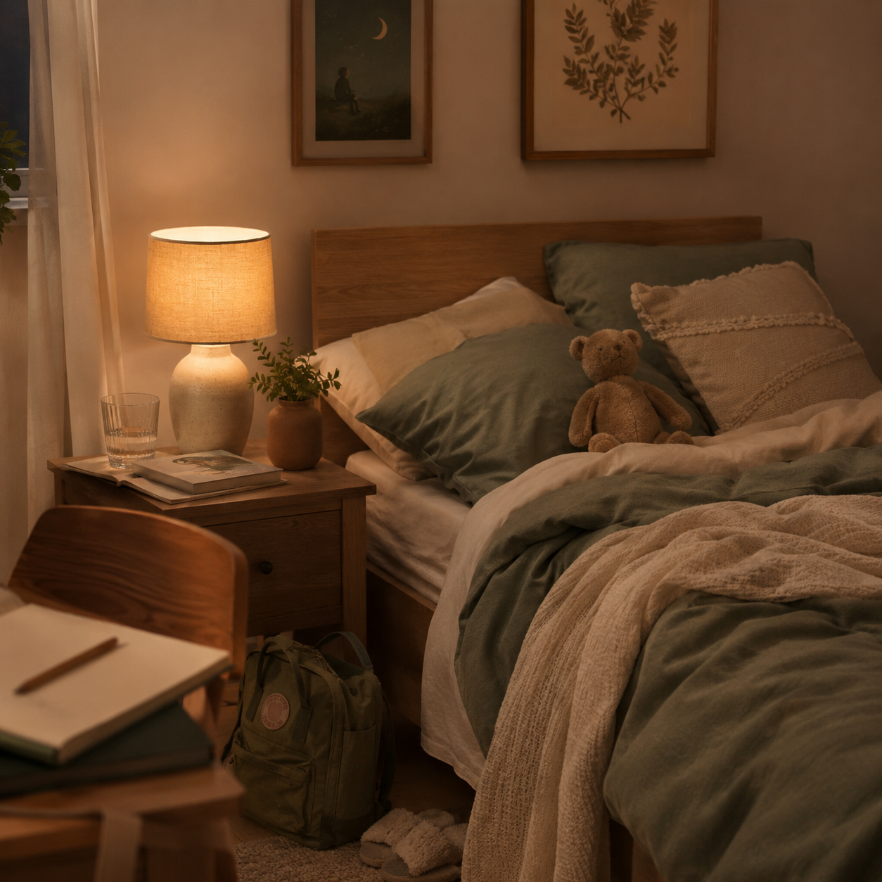 Et soveværelse med en seng med grønne og beige sengetøj, en bamse og billeder på væggen. Der er et natbord med en lampe, en plante, en glas vand og en bog. Der er også en stol og en rygsæk foran skrivebordet.