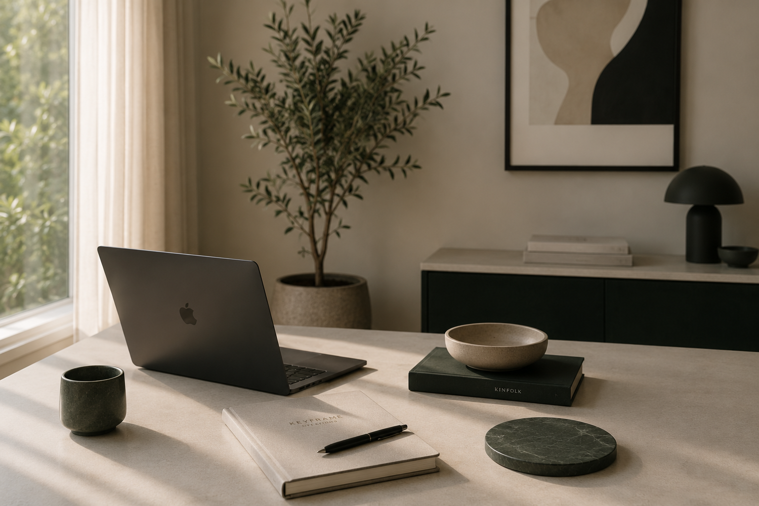 A modern workspace with a black MacBook on a light-colored desk, surrounded by a notebook with a pen, a ceramic bowl, a small green cup, and a round marble coaster. In the background, there is a potted plant, abstract artwork, and black and white decor on a cabinet near a window with sheer curtains.