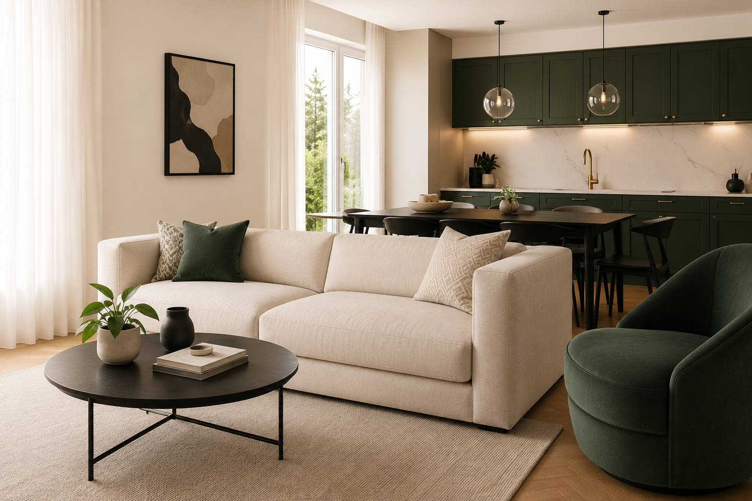 Modern living room with white sofa, green armchair, black coffee table, decorative pillows, potted plant, abstract wall art, large windows with sheer curtains, open kitchen with dark green cabinets, gold hardware, and pendant lights.