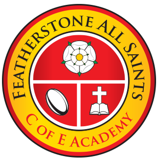 Featherstone All Saints C of E Academy emblem featuring a rose, football, and open book with a cross.