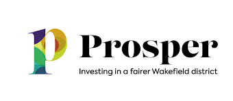 Prosper logo with colorful 'P' and black text reading 'Prosper' and tagline 'Investing in a fairer Wakefield district'.