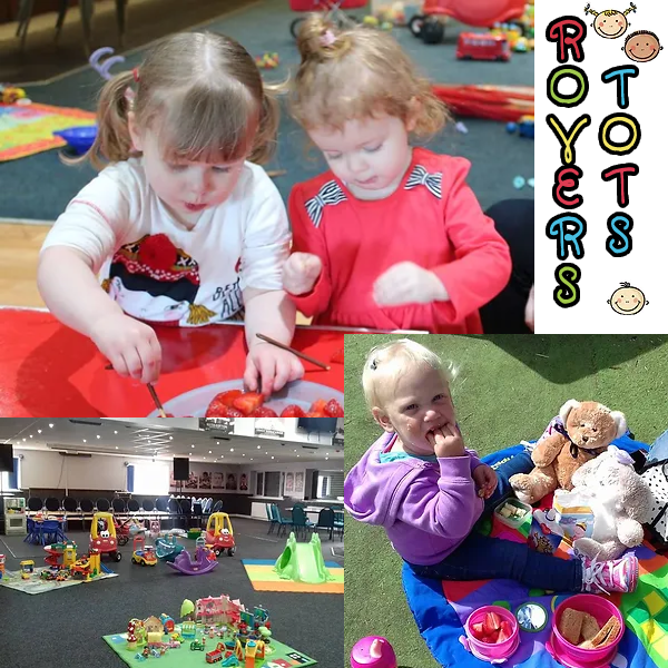 Photo collage of young children playing indoors and outdoors, with toys, stuffed animals, and a play area at a toy store. Text overlay reads 'ROVERS TOYS'.