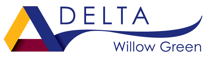 Delta Willow Green logo with colorful geometric design and stylized text.