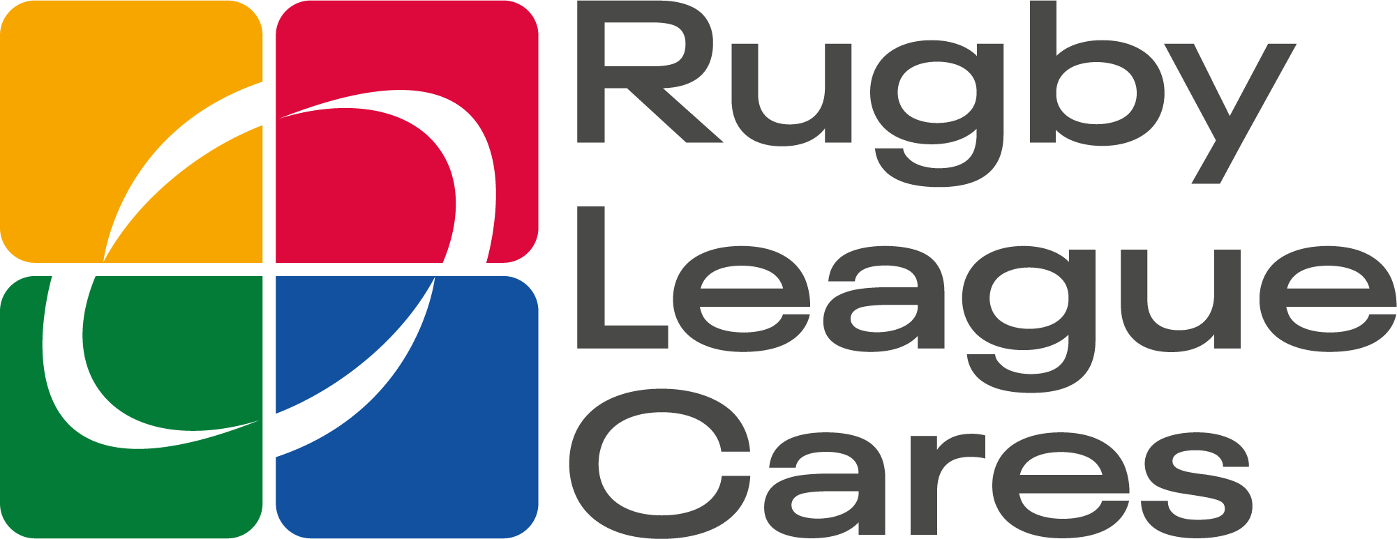 Rugby League Cares logo with a multicolored square icon and gray text.