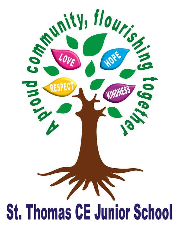 A tree illustration with a brown trunk and roots, green leaves, and colorful flowers labeled love, hope, respect, and kindness. Green text encircles the tree, reading "A proud community, flourishing together." The school name, St. Thomas CE Junior School, appears below in blue text.