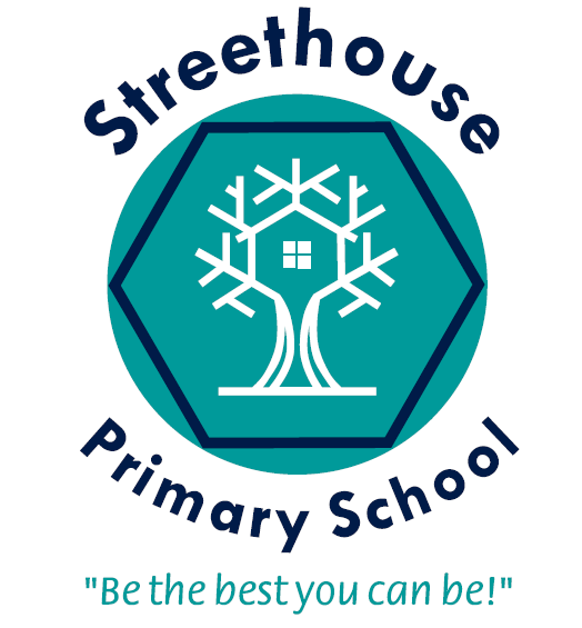 School logo with a teal circle background, featuring a white tree with a small house in the center, surrounded by the words "Streethouse Primary School" and the motto "Be the best you can be!"