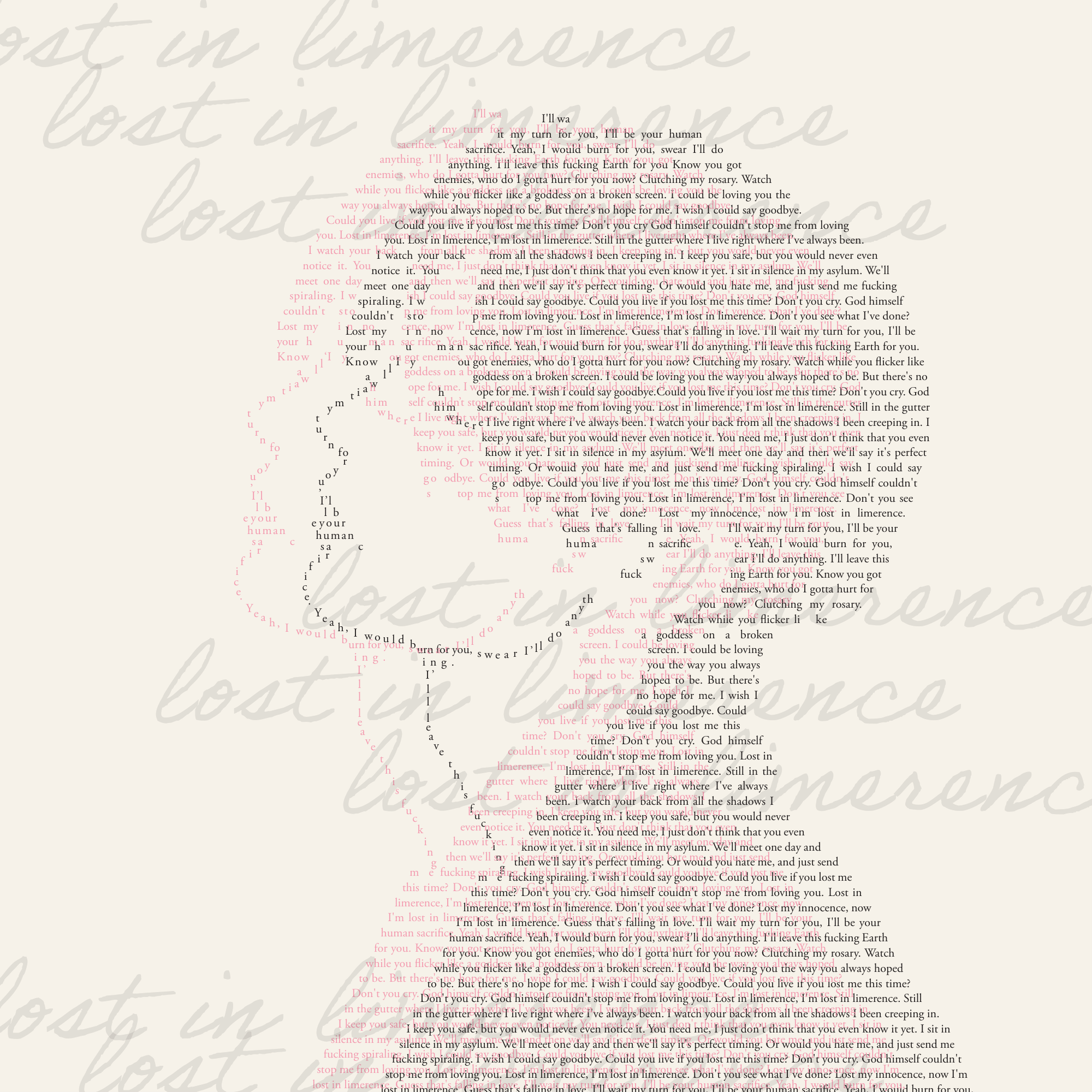 Projection: A large body of text crafts the silhouette of a man. The text is composed of lyrics to "Limerence" by Jutes. The panel represents how the subject of an infatuation so intense can only be a projection of our own mind, rather than something