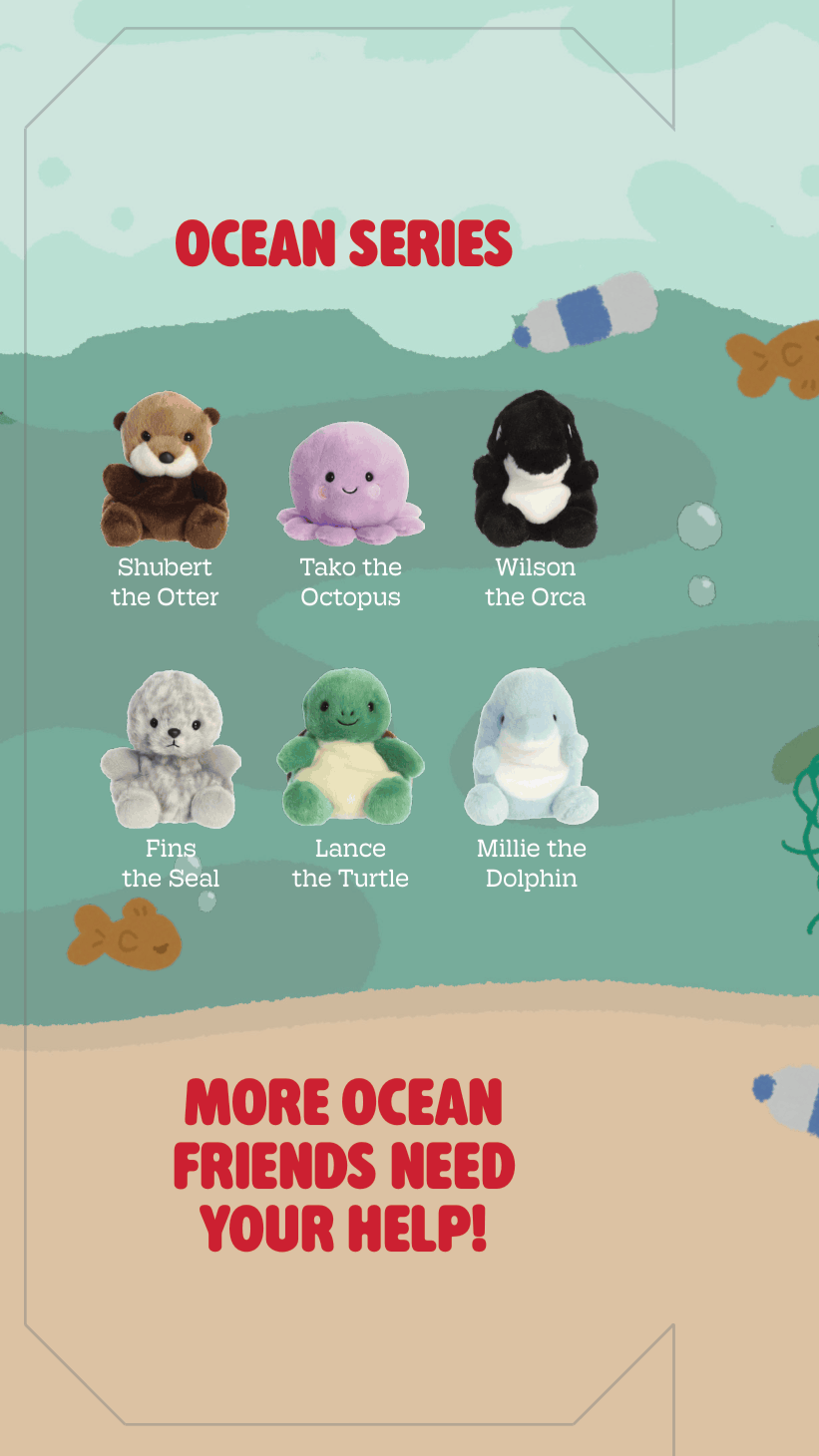 Right panel: showcases the other stuffed animals in the collection. I imagine FIN would have many collections, each featuring a different group of animals affected by a different environmental crises.