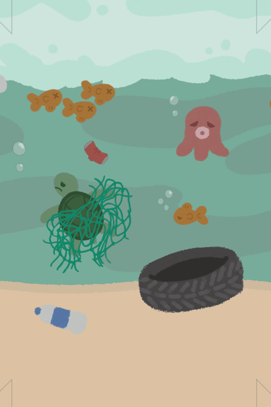 Back: An illustration showing sick animals swimming amongst polluted, greenish waters surrounded by litter and plastic.