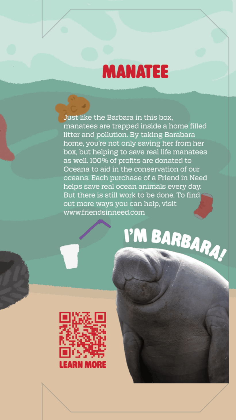 Left panel: Provides information about the species of the product, including an image of the animal. Also features a QR code so kids or parents can learn more about the cause.
