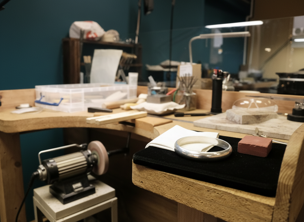 Jewelry making workspace with various tools and materials on a wooden table, including a magnifying glass, brushes, and a polishing wheel.