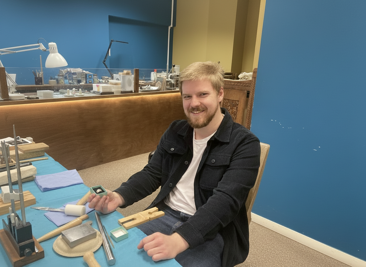 A young man with blonde hair and a beard sitting at a table with jewelry-making tools and materials, smiling at the camera.