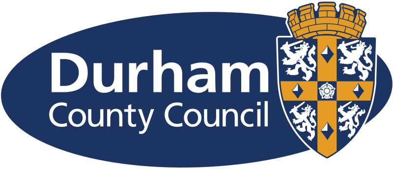 Durham County Council logo with a shield crest featuring lions, crosses, and a crown.