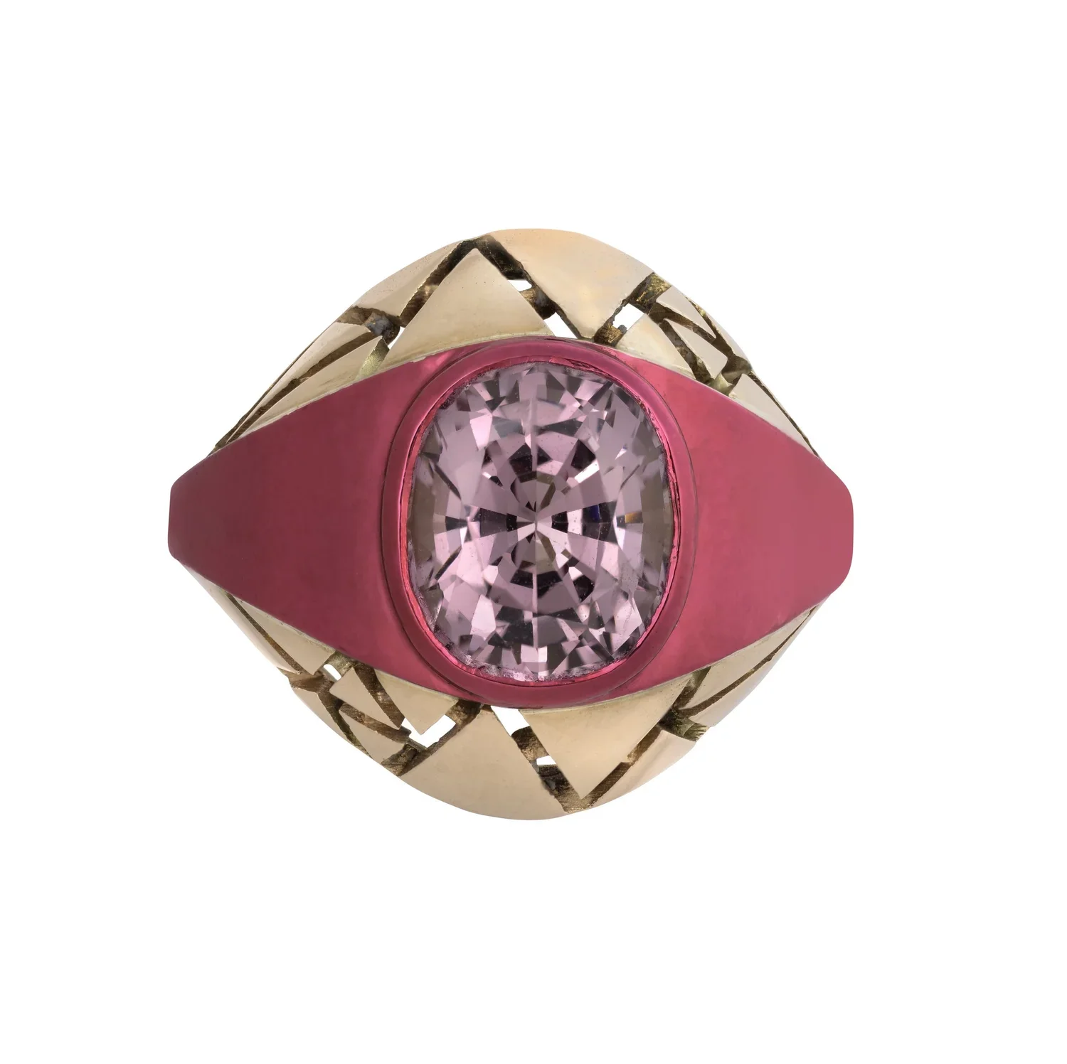 A ring with a large pink gemstone set in a pink band, surrounded by a decorative gold and diamond lattice design.