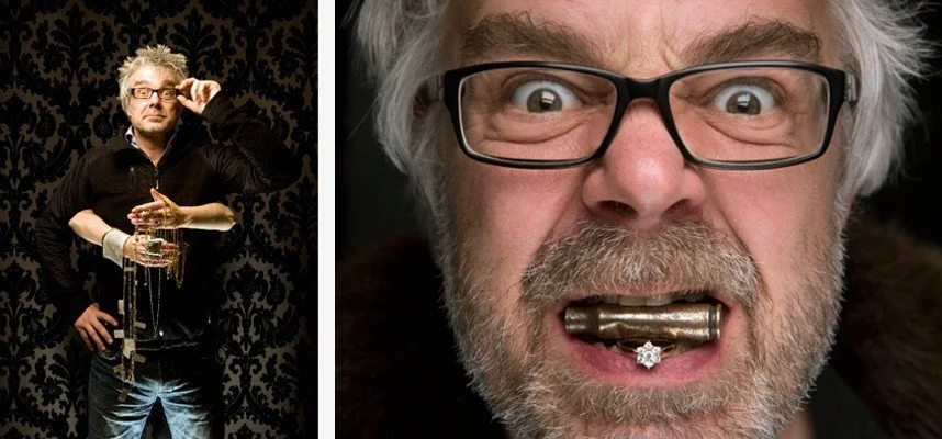 Two side-by-side photos of a man with glasses and gray hair, one with a serious pose holding jewelry and the other with a surprised expression showing a small metal object and a ring in his mouth.