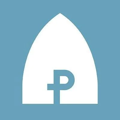 A logo featuring a white surfboard shape with a blue background, and a stylized letter 'P' in the center.
