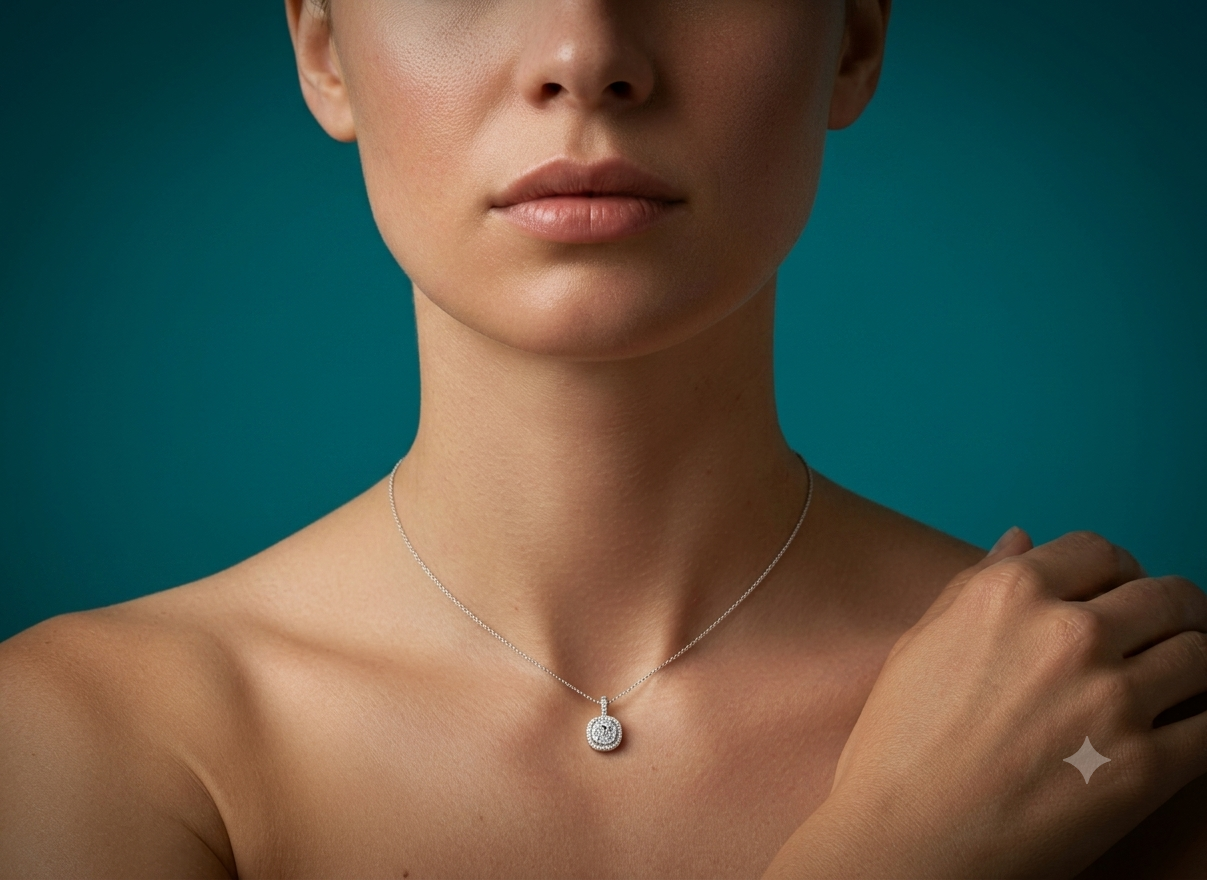 Close-up of a woman wearing a silver necklace with a circular pendant, touching her shoulder with one hand, with smooth skin and neutral expression.