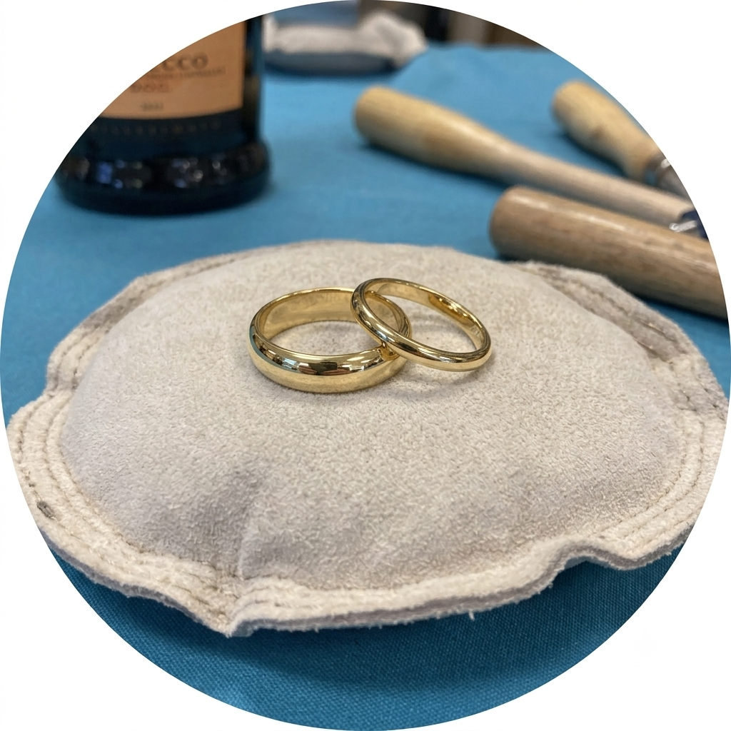 Two gold wedding bands on a white display stand with a black jewelry box in the background.