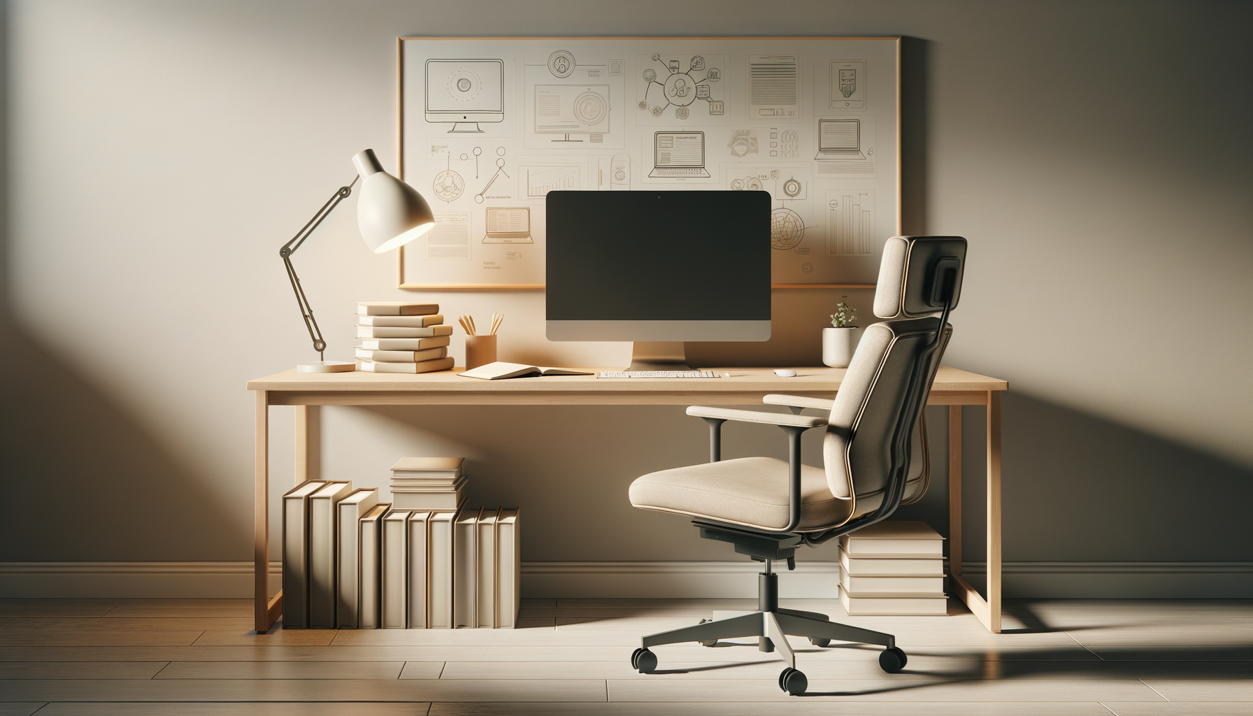 A neatly organized home office desk with a computer, books, and a desk lamp, set against a wall with a framed diagram.