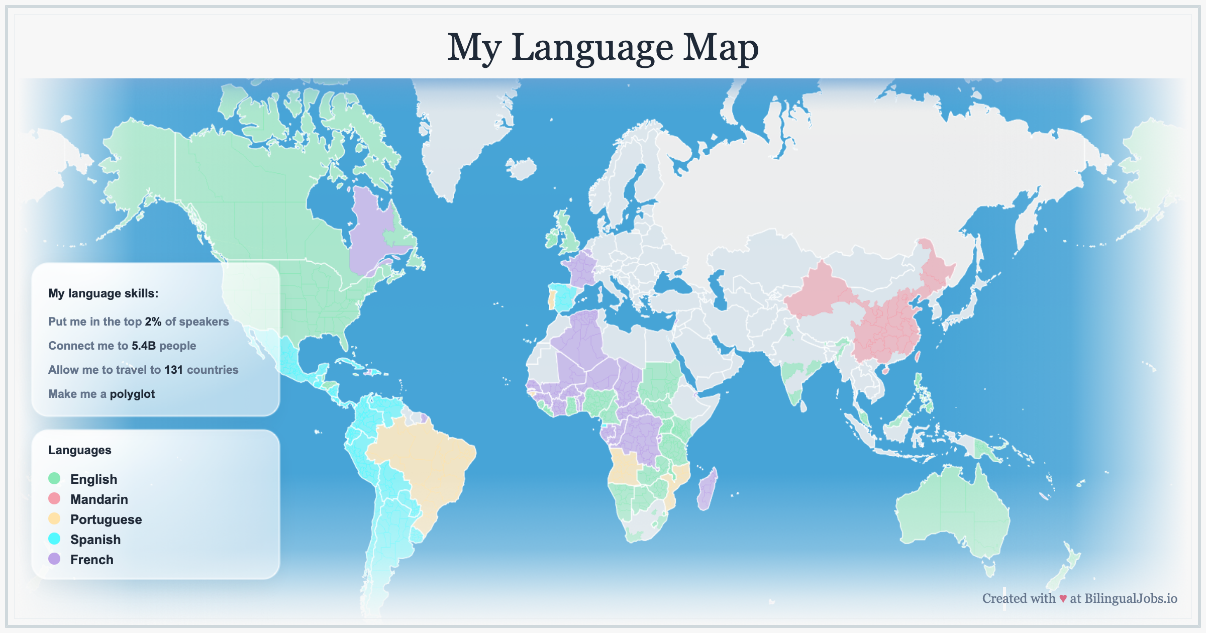 A world map titled "My Language Map" with countries colored to show the speaker's language skills. The map legend indicates English in green, Mandarin in pink, Portuguese in yellow, Spanish in blue, and French in purple. There is a sidebar with statements about language skills and a section labeled "Languages." The map shows different countries in various colors representing the languages spoken.