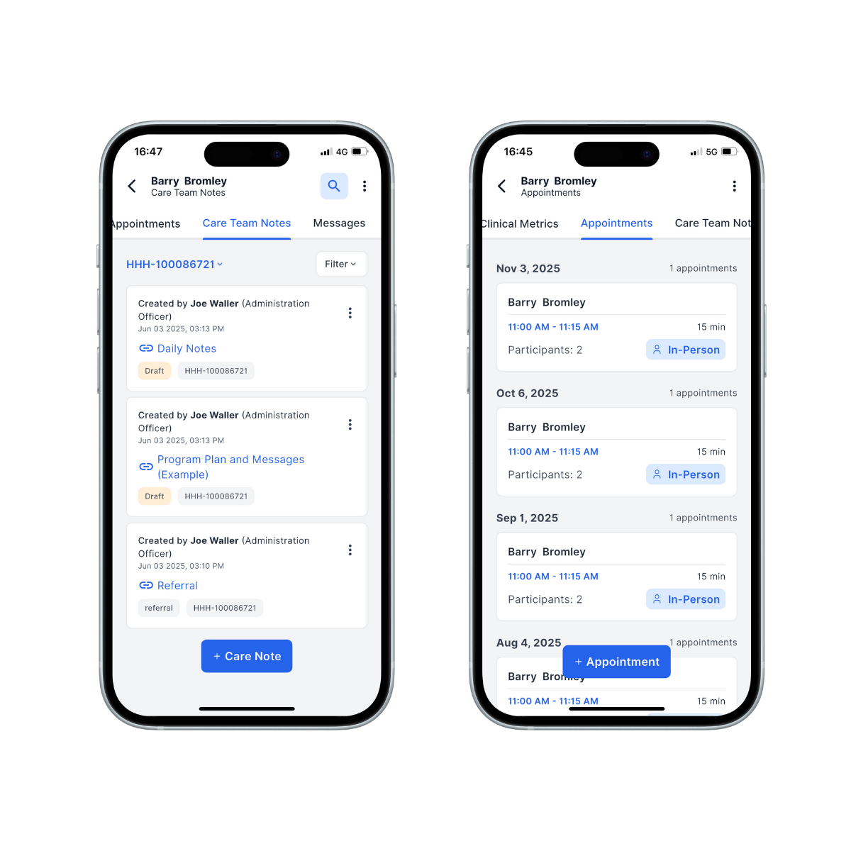 caremonitor clinician app screens, review patient data, clinical notes, make appointments on the go