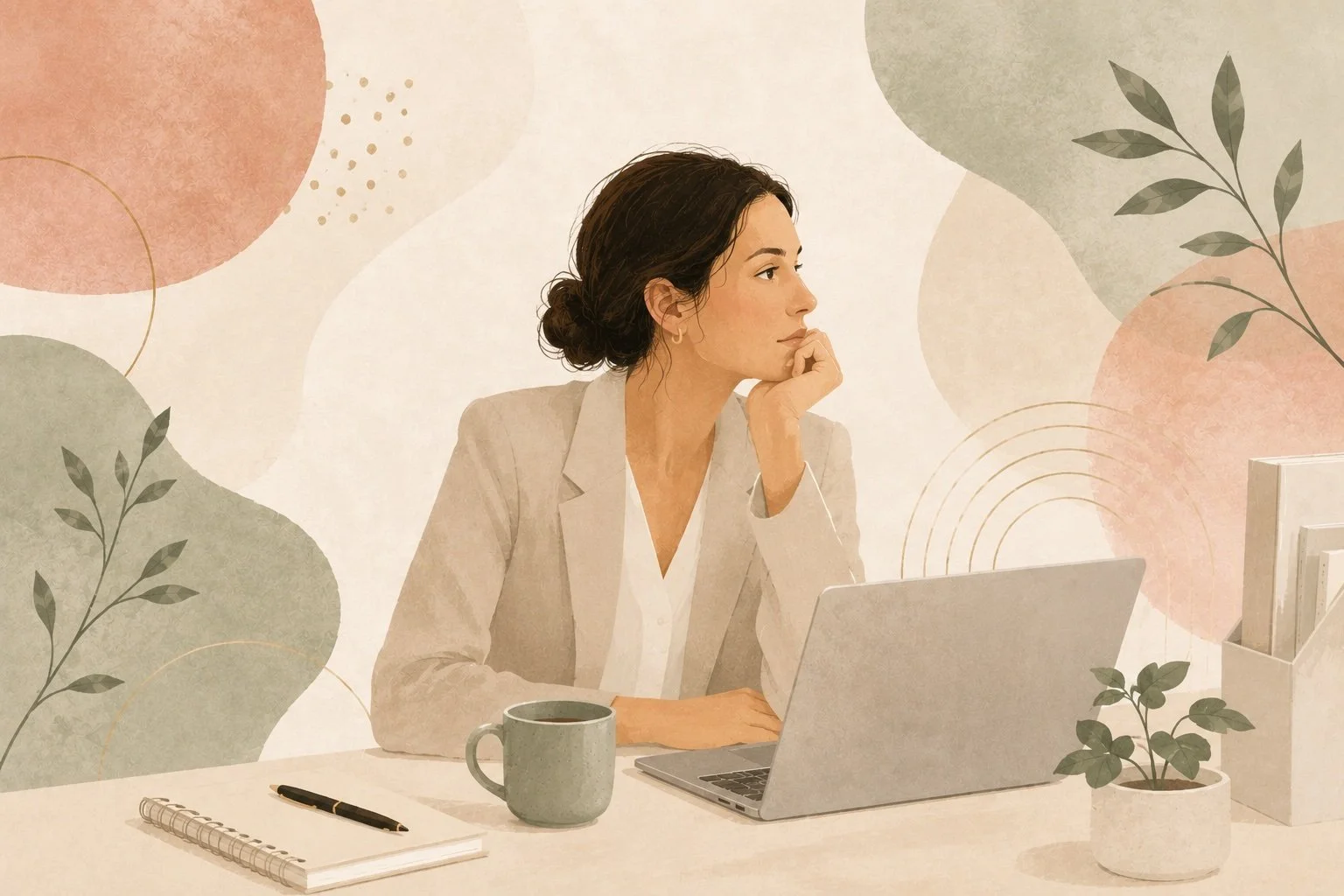 Illustration of a professional woman experiencing high-functioning anxiety while working in a modern office.