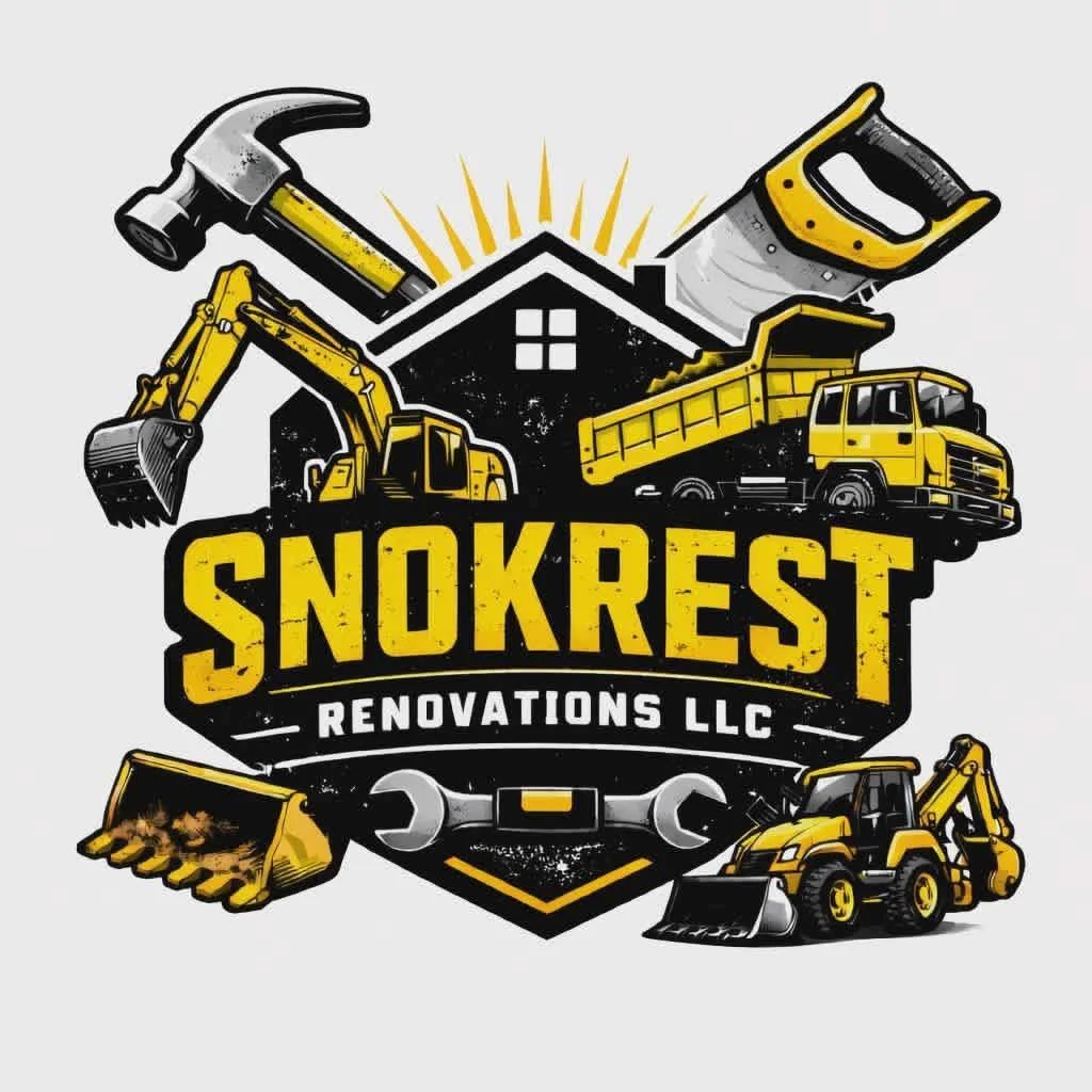 Logo for Snokrest Renovations LLC featuring construction tools and heavy machinery such as a hammer, saw, excavator, dump truck, shovel, and backhoe, with a house silhouette in the background.