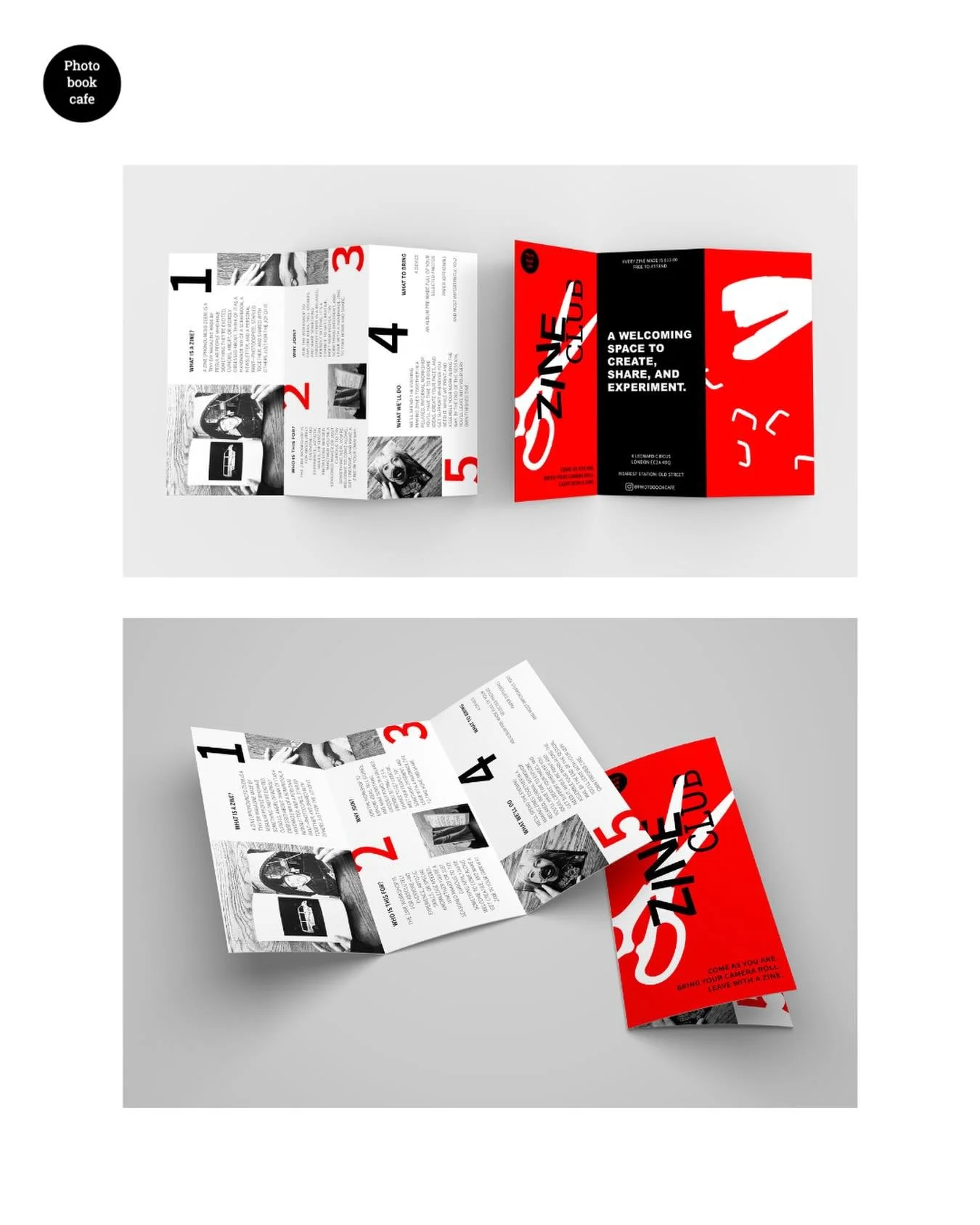 Zine Club Leaflet Design for @photobookcafe 

Designed this bold, fold-out leaflet for Photobook Cafe &mdash; mixing striking typography, monochrome imagery, and vibrant red accents to capture the energy of zine culture and their visual identity. 

#
