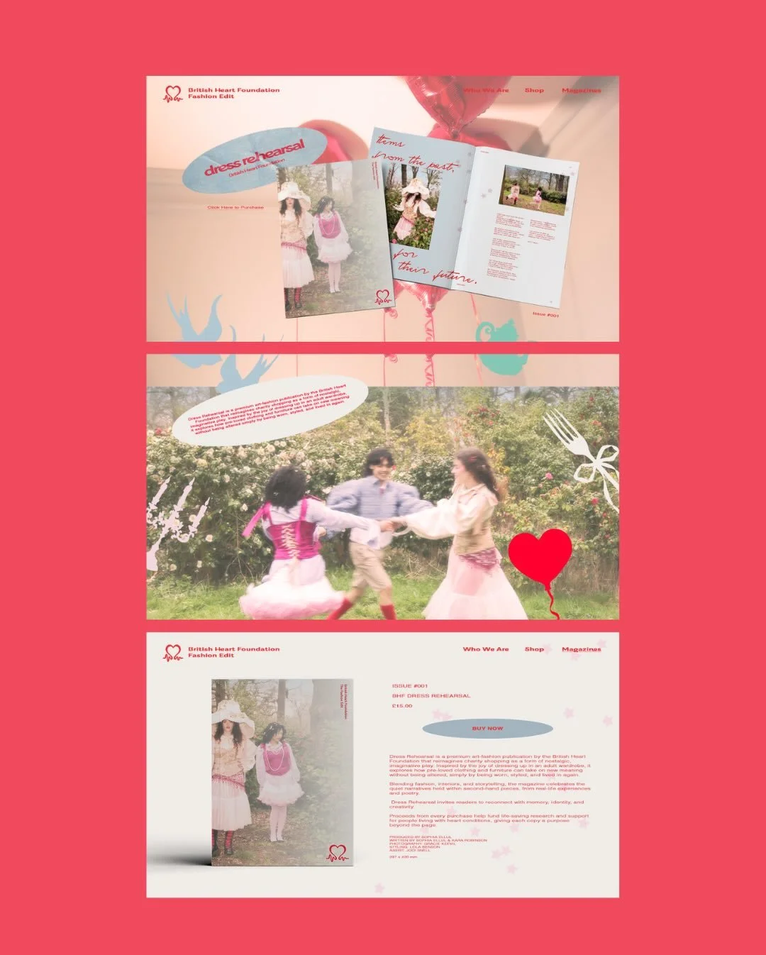 Dress Rehearsal
A hypothetical collaboration with @the_bhf 

Creative direction centered on a whimsical colour palette, soft, dreamlike visuals, and an uplifting tone to raise awareness. Inspired by pre-loved clothing that carries memory, meaning, an