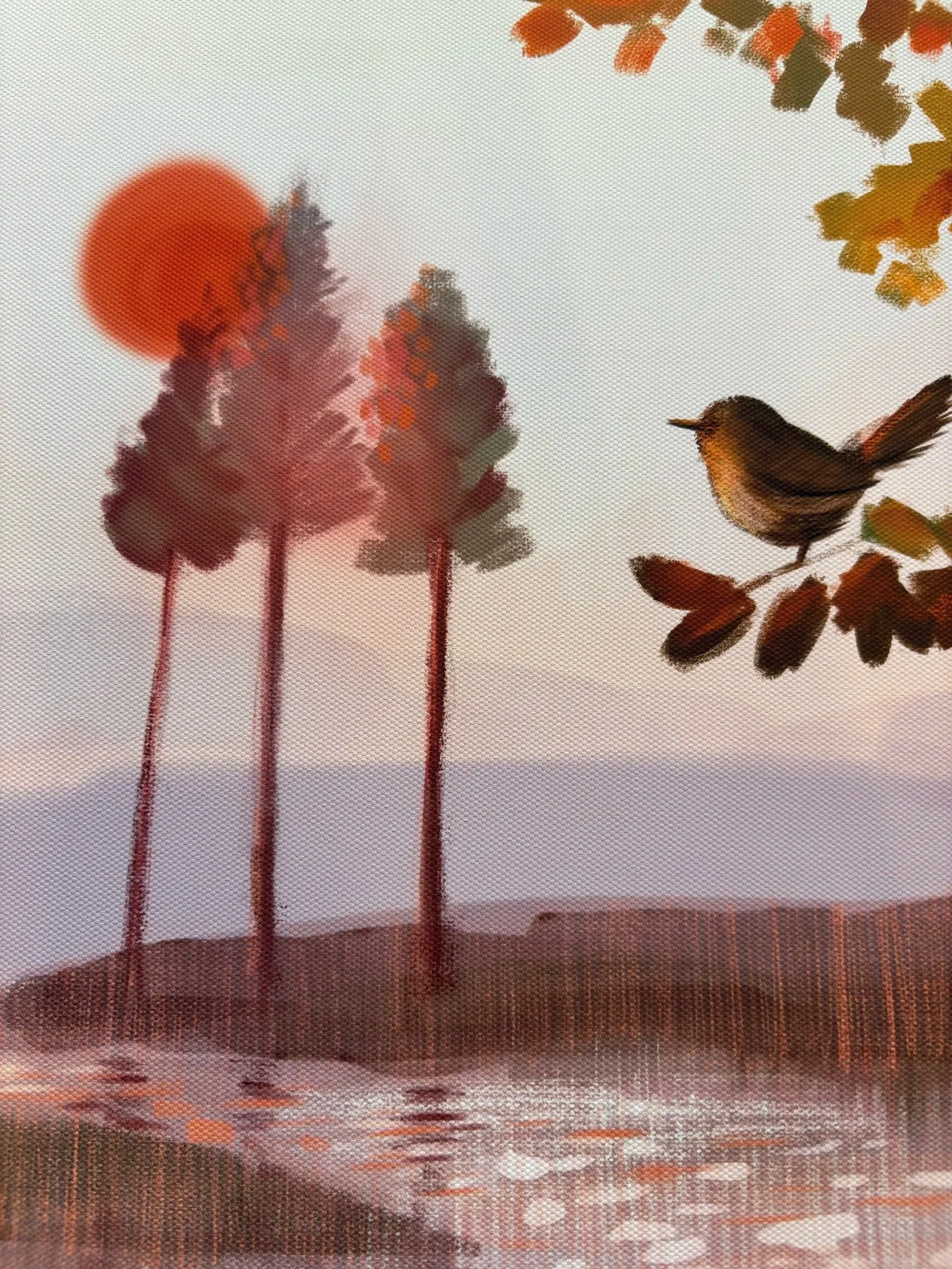 Minimalist painting of a sunset with three trees and a small bird on a branch, featuring warm shades of orange, brown, and beige.