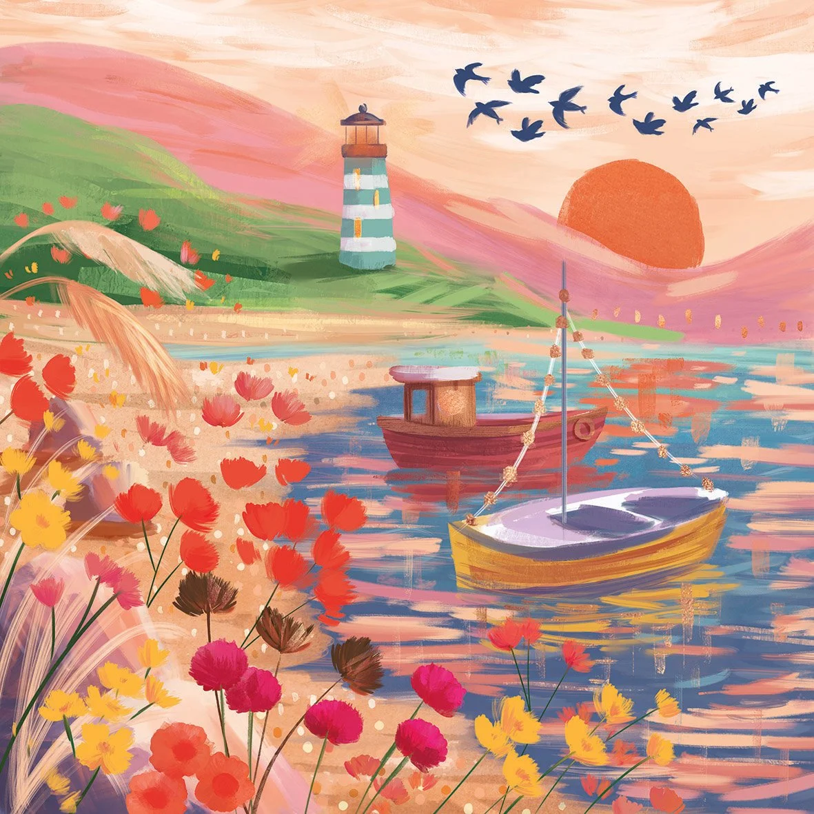 A colorful watercolor painting of a lakeside scene during sunset, featuring boats on the water, a lighthouse on a hill, flowers in the foreground, and birds flying in the sky.