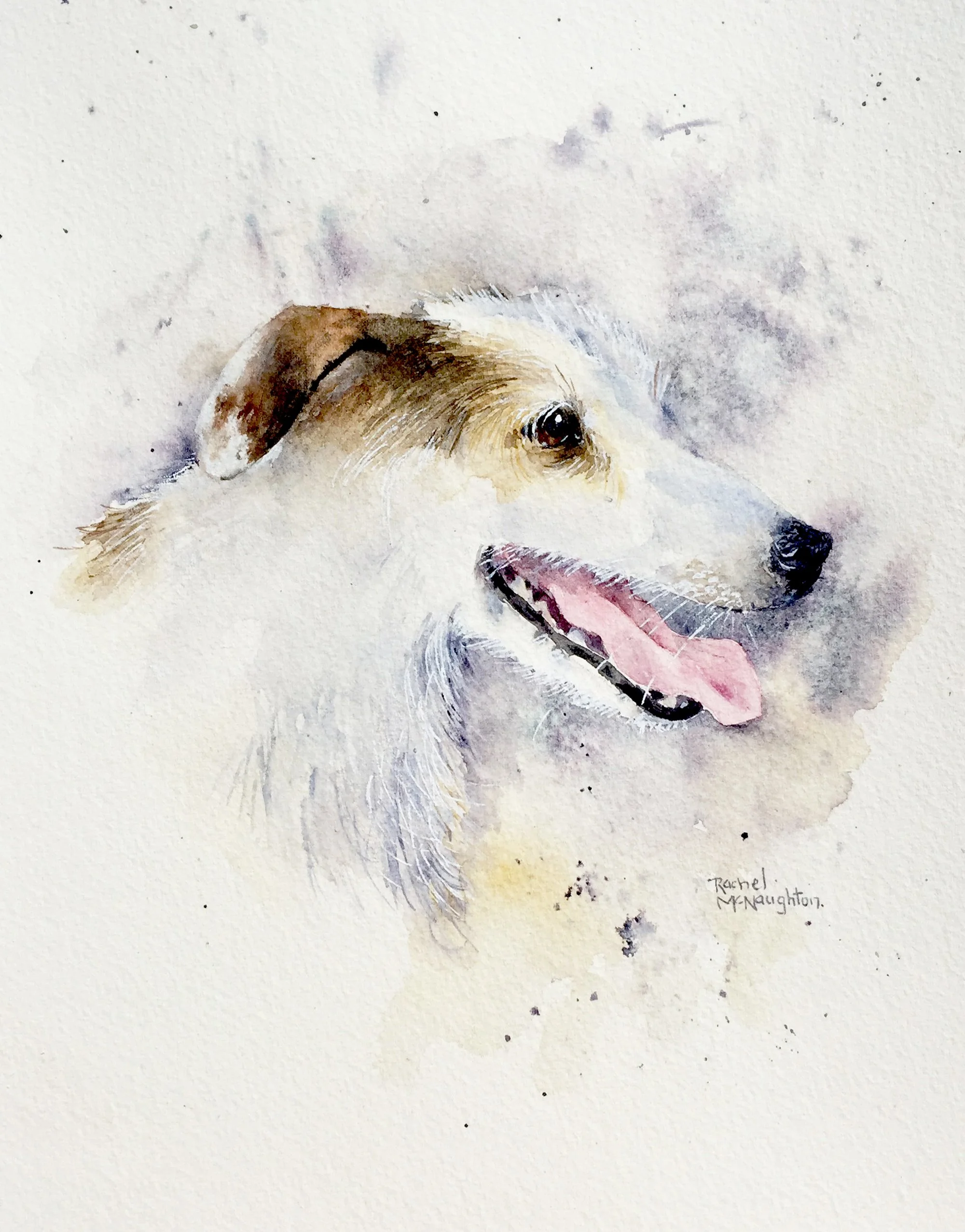 Watercolor painting of a joyful dog with a pink tongue hanging out, tan and white fur, and a black nose.