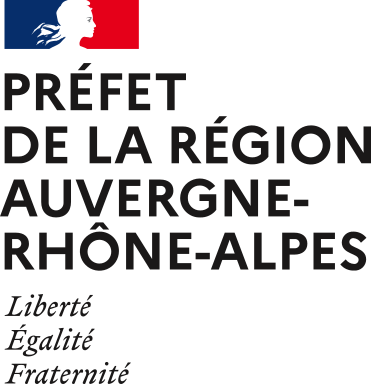 Logo de la préfecture de la région Auvergne-Rhône-Alpes, avec un symbole stylisé représentant une tête, en bleu et rouge, et le texte en dessous.
