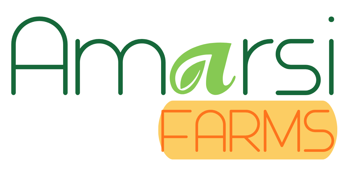 Logo for Amarsi Farms with the name in green and orange text, featuring a leaf design in the letter 'a'.