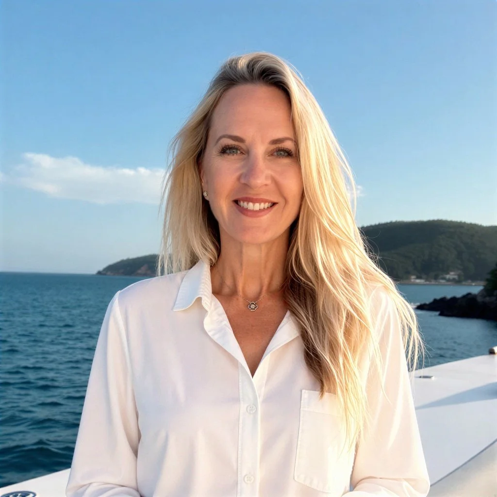 A smiling woman with blonde hair wearing a white shirt standing on a boat with a body of water and hilly landscape in the background.