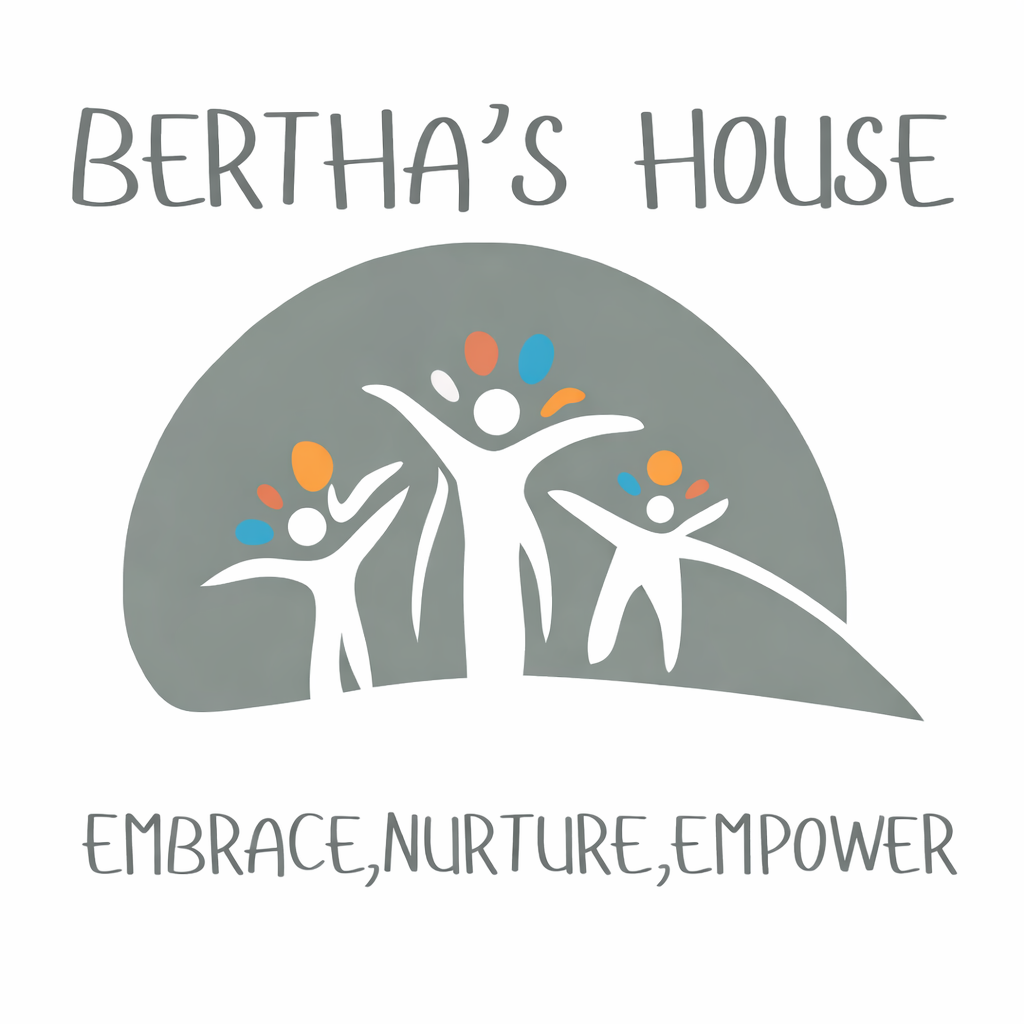 Logo with three abstract human figures with colorful circles for heads inside a gray semi-circular shape. Text above reads 'Bertha's House'; below it says 'Embrace, Nurture, Empower'.