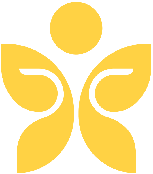 Yellow butterfly logo with a circle above its wings on a black background.