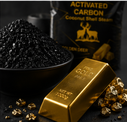 A black bowl filled with activated carbon, a gold bar labeled 'Fine Gold 999.9' weighing 1000 grams, and scattered gold-colored rocks or nuggets in front of a bag of coconut shell activated carbon.