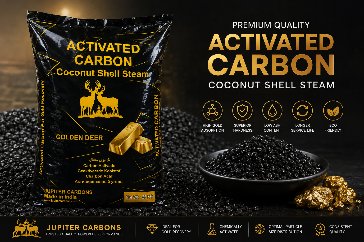 Package of activated coconut shell charcoal from Jupiter Carbons, featuring a gold deer logo and gold bars. The label highlights high gold adsorption, superior hardness, low ash content, eco-friendliness, and long service life.