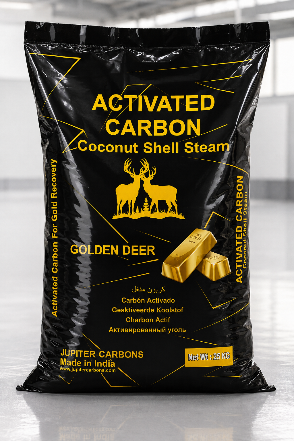 Black bag of activated carbon labeled as "Coconut Shell Steam" with gold deer graphic, produced by Jupiter Carbons in India, weighing 25 kilograms.
