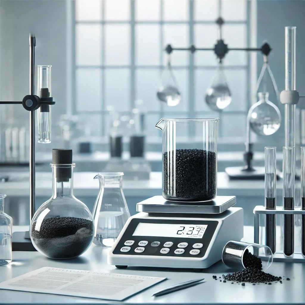 A laboratory with various glassware, including beakers and test tubes, some filled with black granular material. A digital scale displays a weight of 227 grams, with black granular substance on it and spilled on the table. There are also laboratory tools, a document, and a pen on the table.