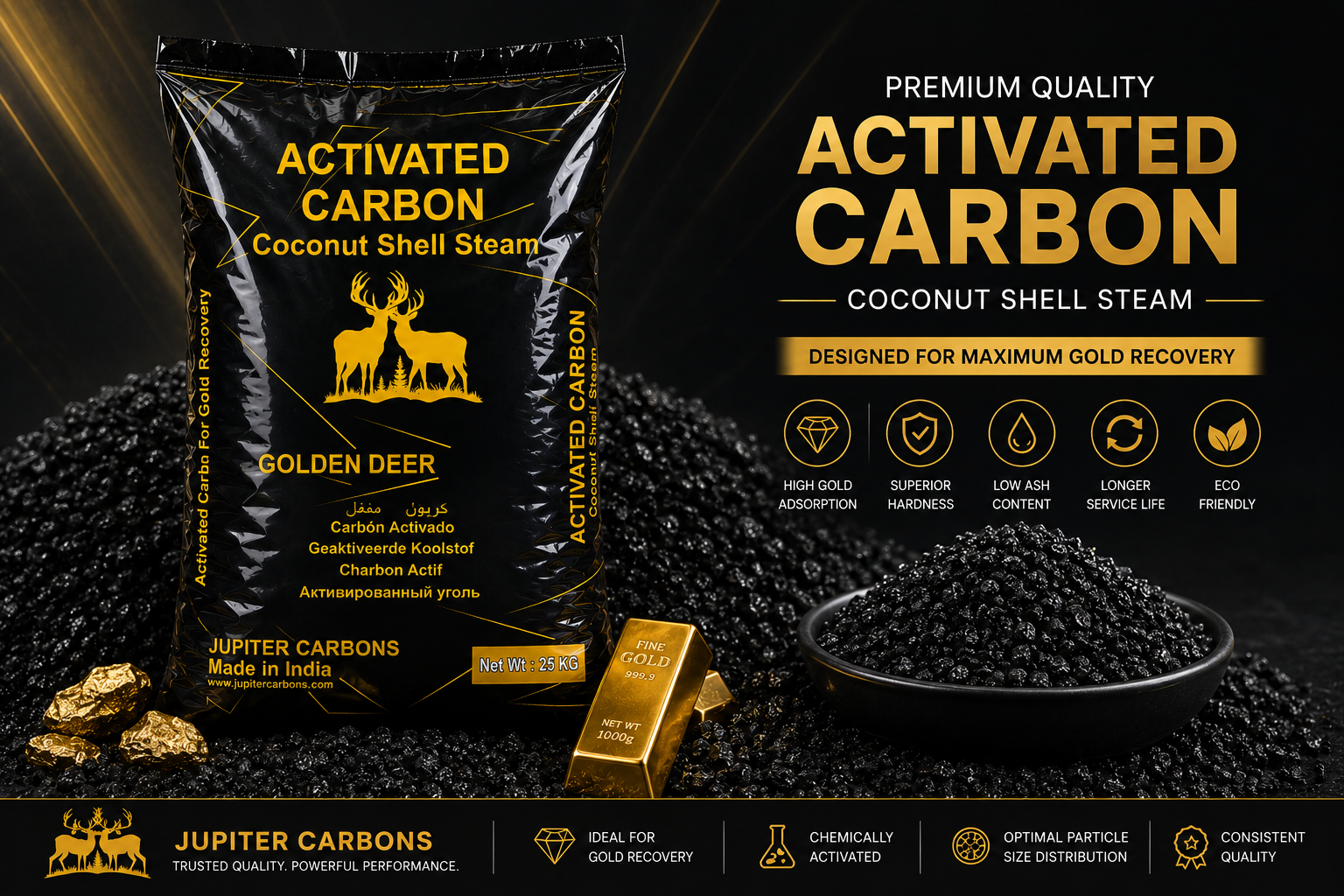 Package of activated carbon coconut shell steam with gold deer logo, alongside black activated carbon granules and gold bars, emphasizing high gold recovery and eco-friendly features.