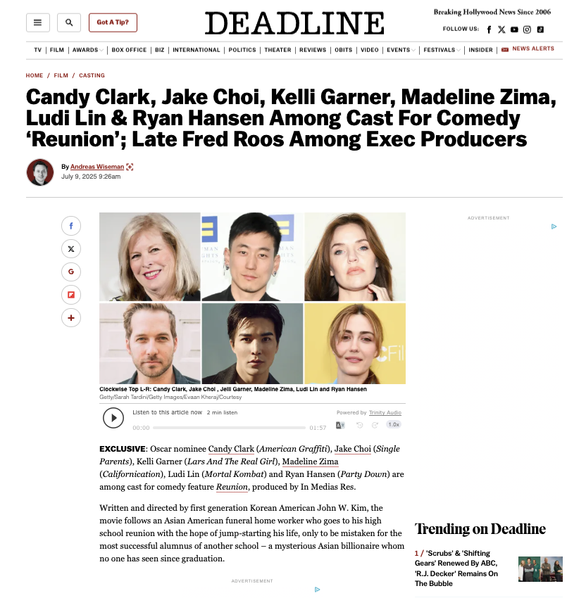 Candy Clark, Jake Choi, Kelli Garner, Madeline Zima, Ludi Lin &amp; Ryan Hansen Among Cast For Comedy ‘Reunion’; Late Fred Roos Among Exec Producers