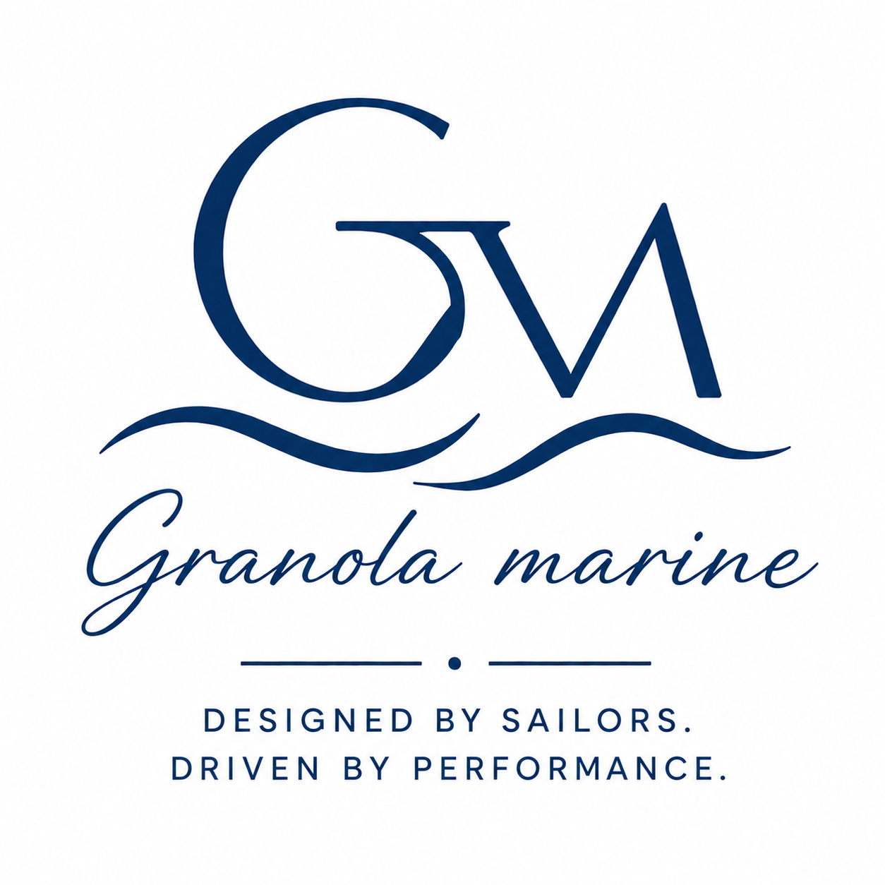 Logo for Granola Marine with a stylized wave, the letters 'G' and 'M', and the text 'Designed by Sailors. Driven by Performance.'