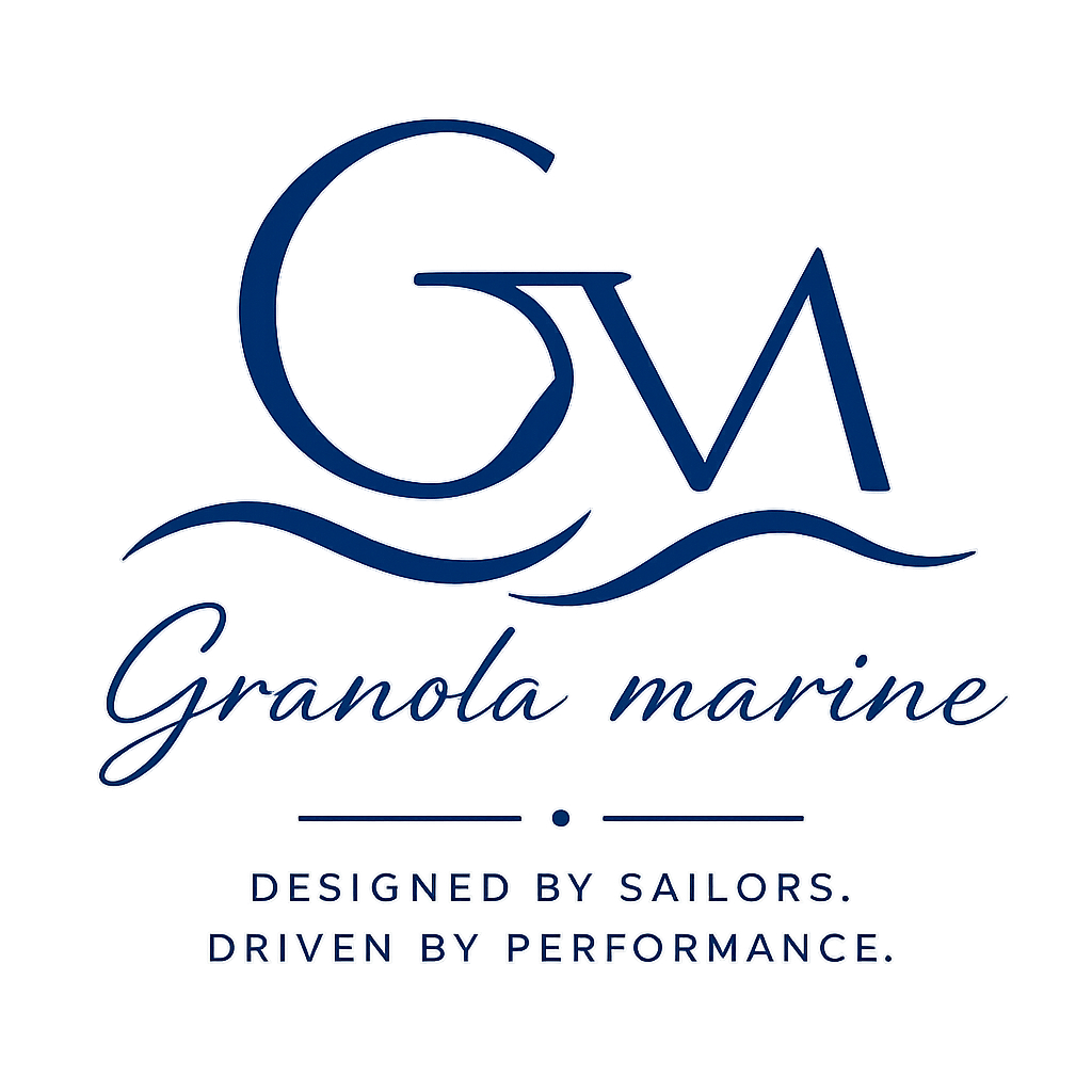 Logo for Granola Marine with the initials GM above wavy lines, and the tagline "Designed by Sailors. Driven by Performance."
