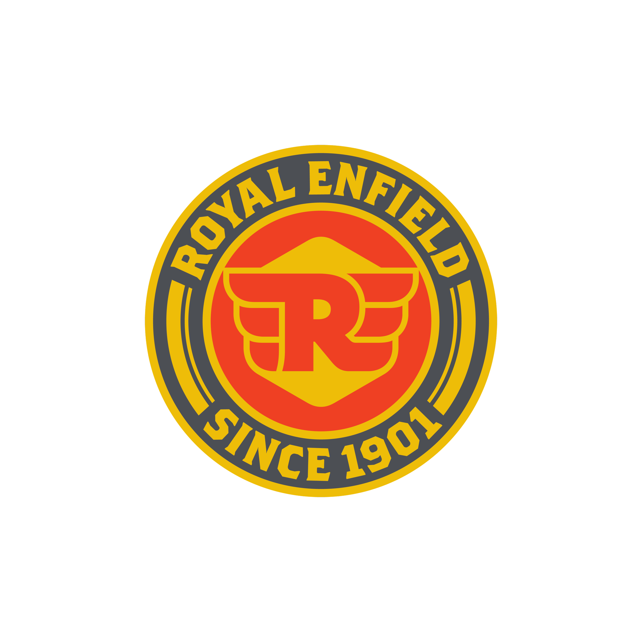 Close-up of a circular badge with black, yellow, and red colors, featuring the text 'Official Enfield Service 1930'.
